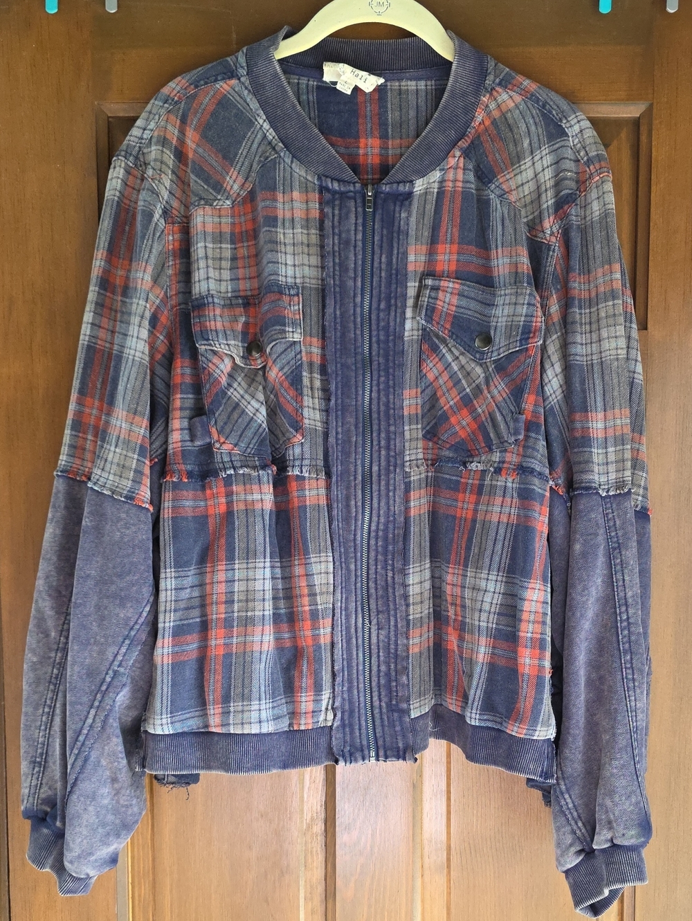 Oli & Hali Plaid Flannel Bomber Jacket Navy Red Sz Large